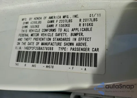 2011 Honda Accord Lx from USA, damaged, VIN 1HGCP2F35BA078066